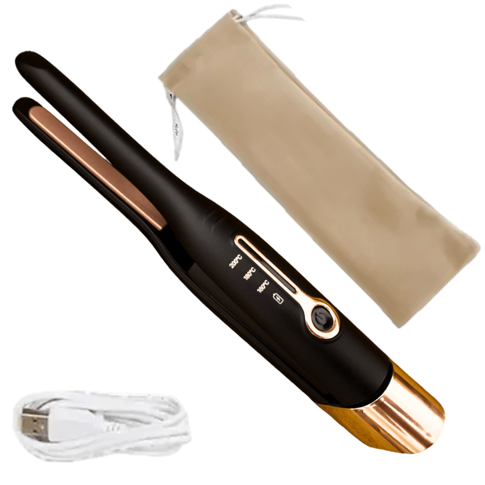 Mini placa de par portabila, SELERIS®, 160°C,180°C,200°C, 4800mAh, USB C, design compact si usor, Ingusta, Negru-Auriu