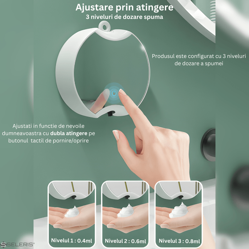 Casa si Gradina - Sanitare - Suporturi si accesorii baie - Dispensere - Dispenser Automat Tactil, Sapun Spuma, SELERIS, 3 Niveluri de Spuma, 350ml, USB-C, 2600 mAh, Oglinda HD, Fara Gauri, Alb - Infinity.ro