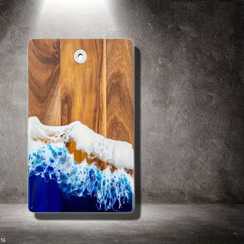 Casa si Gradina - Bucatarie si vesela - Ustensile bucatarie - Tocatoare de bucatarie - Tocator Ocean Wave, lemn Acacia, Rasina Epoxidica Lucrat Manual, SELERIS®, Taiat/Servit, Dreptunghi cu Gaura, Model D - Infinity.ro