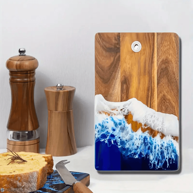 Casa si Gradina - Bucatarie si vesela - Ustensile bucatarie - Tocatoare de bucatarie - Tocator Ocean Wave, lemn Acacia, Rasina Epoxidica Lucrat Manual, SELERIS®, Taiat/Servit, Dreptunghi cu Gaura, Model D - Infinity.ro