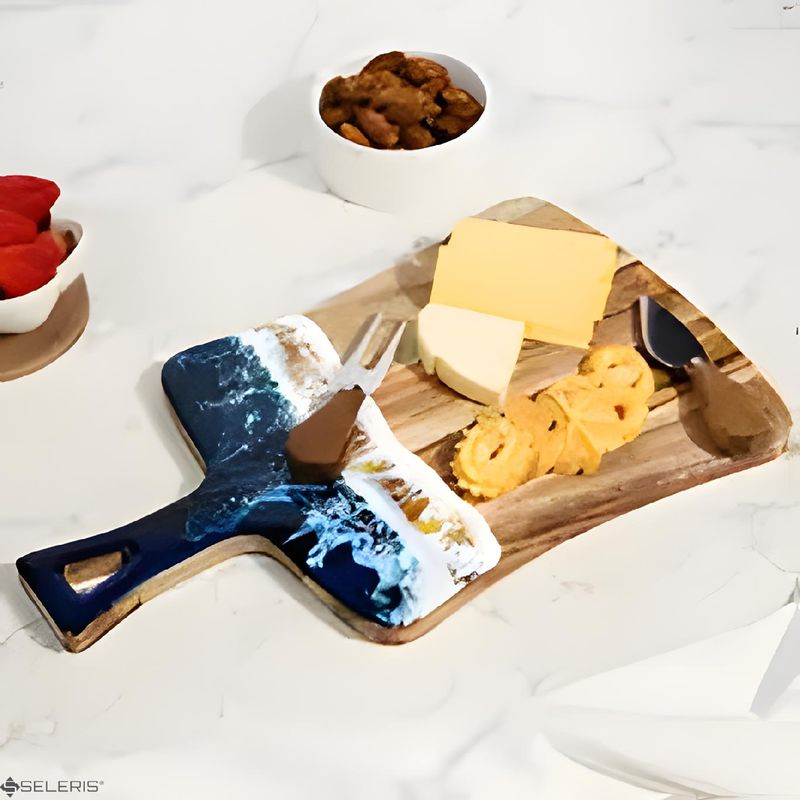 Casa si Gradina - Bucatarie si vesela - Ustensile bucatarie - Tocatoare de bucatarie - Tocator Ocean Wave, lemn Acacia, Rasina Epoxidica Lucrat Manual, SELERIS®, Taiat/Servit, Dreptunghic cu Maner, Model B - Infinity.ro