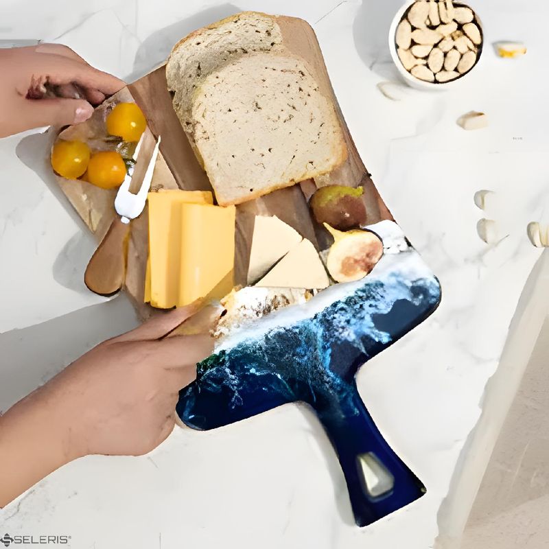 Casa si Gradina - Bucatarie si vesela - Ustensile bucatarie - Tocatoare de bucatarie - Tocator Ocean Wave, lemn Acacia, Rasina Epoxidica Lucrat Manual, SELERIS®, Taiat/Servit, Dreptunghic cu Maner, Model B - Infinity.ro