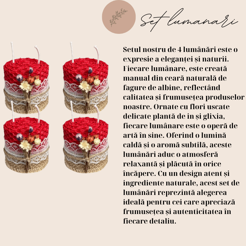 Casa si Gradina - Decoratiuni - Aromaterapie si lumanari - Lumanari si candele - Set 4 lumanari BLOOMANT din ceara naturala Handmade, decorate cu flori naturale uscate, H5 cm/D5 cm, Rosu - Infinity.ro