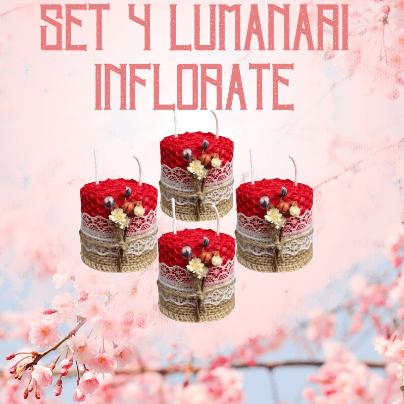 Casa si Gradina - Decoratiuni - Aromaterapie si lumanari - Lumanari si candele - Set 4 lumanari BLOOMANT din ceara naturala Handmade, decorate cu flori naturale uscate, H5 cm/D5 cm, Rosu - Infinity.ro