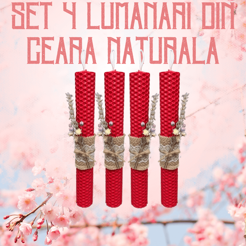 Casa si Gradina - Decoratiuni - Aromaterapie si lumanari - Lumanari si candele - Set 4 lumanari BLOOMANT din ceara naturala Handmade, decorate cu flori naturale uscate, H20 cm/D2.5 cm, Rosu - Infinity.ro