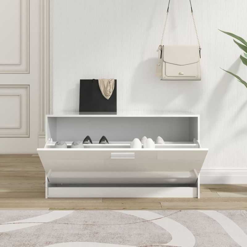 Casa si Gradina - Mobilier - Organizare si depozitare - Organizator incaltaminte - Bancheta pantofar, alb extralucios, 80x24x45 cm, lemn compozit - Infinity.ro