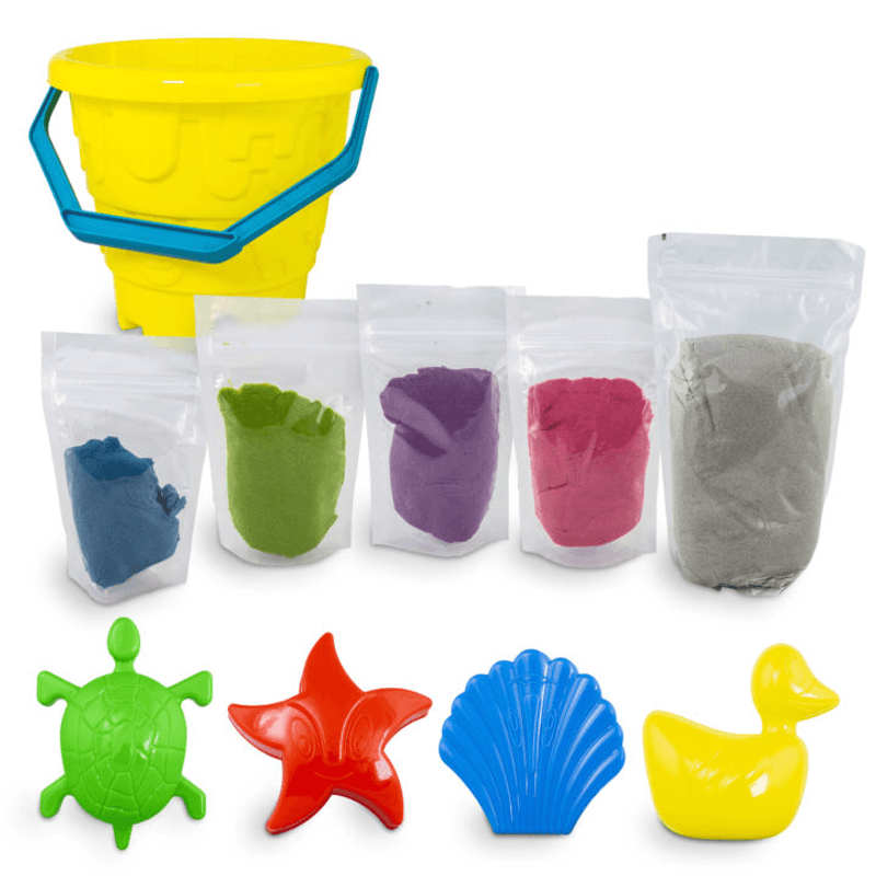 Jucarii, Copii si Bebe - Jucarii si jocuri - Jucarii & jocuri educative - Pasta, lut si nisip modelabil - Set Nisip Kinetic 5 culori cu accesorii - Plaja - Infinity.ro