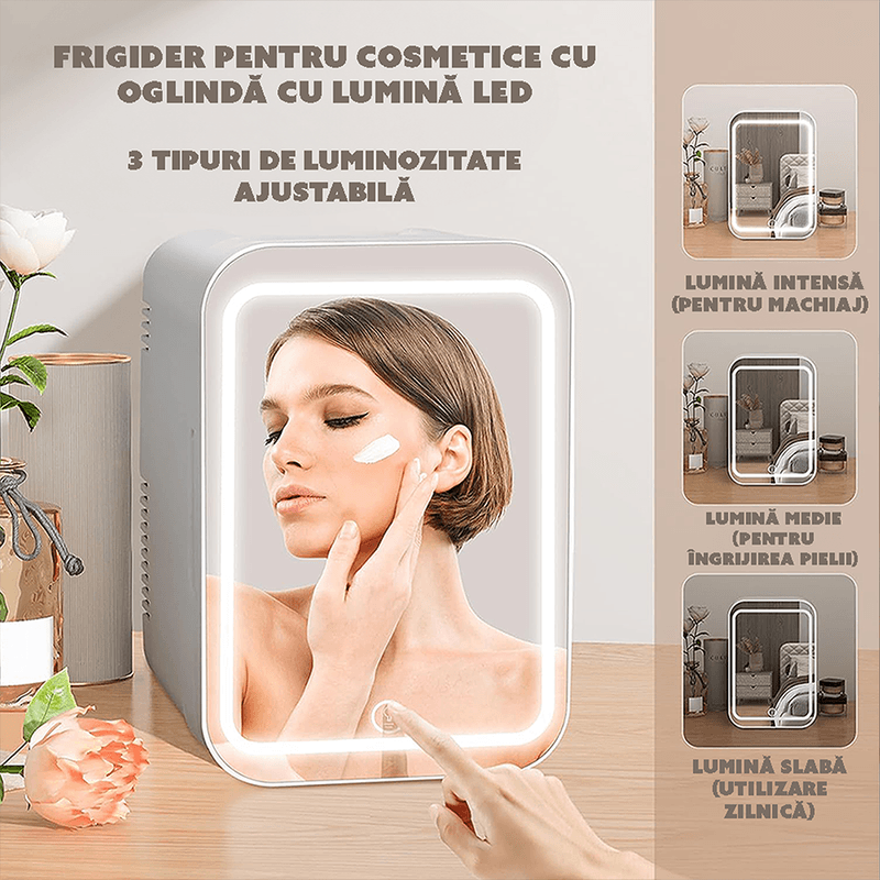 Ingrijire personala si Cosmetice - Machiaj - Accesorii machiaj - Mini Frigider CYBERDUST, Makeup&Beauty, Oglinda cu lumina LED, Cosmetice, Produse pentru ingrijirea pielii, 4L, Alb - Infinity.ro