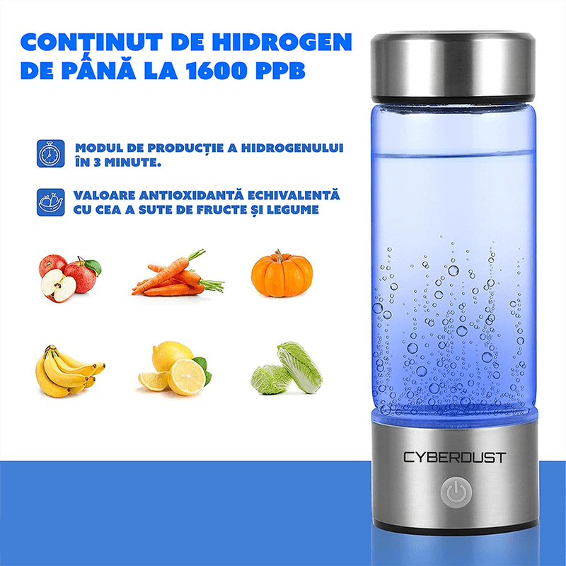 Casa si Gradina - Bucatarie si vesela - Ustensile bucatarie - Cani filtrante si accesorii - Sticla Generatoare de Apa cu Hidrogen CYBERDUST, Electroliza, Reincarcabila, USB,  420 ML, Portabila, Otel inoxidabil - Infinity.ro