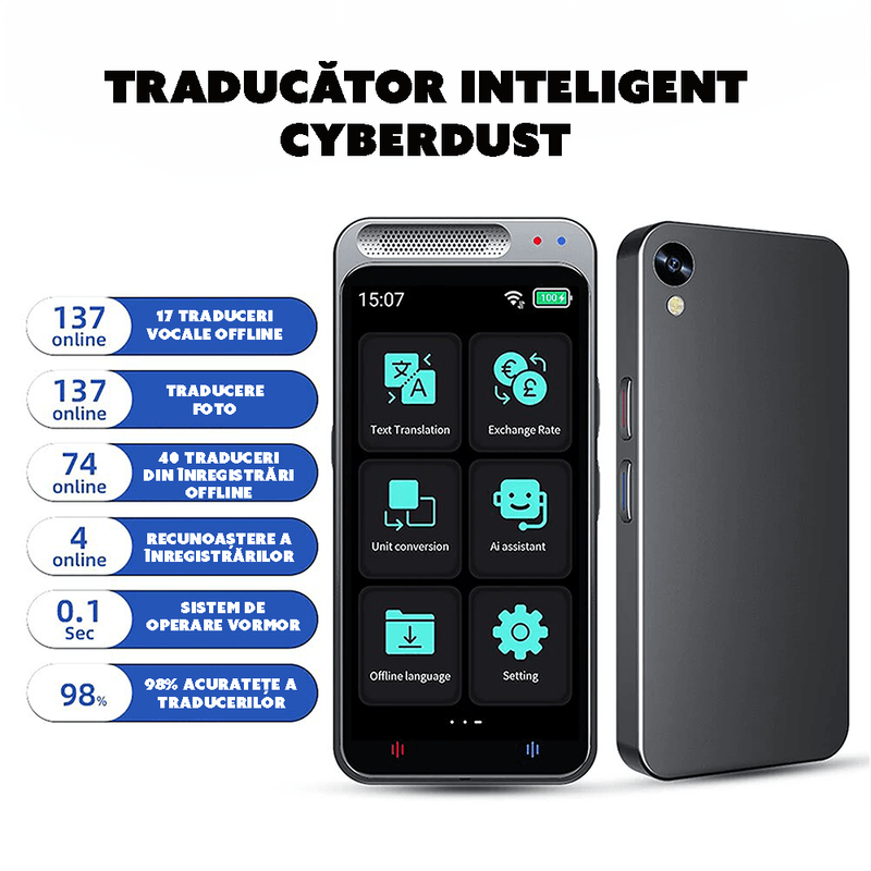 Laptop, Telefoane si Tablete - Wearables si gadgeturi - Gadgeturi - Accesorii SMART - Traducator AI CYBERDUST, 138 Limbi si accente Online, 17 Limbi offline, Bidirectionala, Voce si fotografii - Infinity.ro