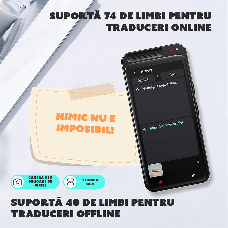 Laptop, Telefoane si Tablete - Wearables si gadgeturi - Gadgeturi - Accesorii SMART - Traducator AI CYBERDUST, 138 Limbi si accente Online, 17 Limbi offline, Bidirectionala, Voce si fotografii - Infinity.ro