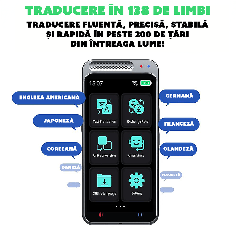 Laptop, Telefoane si Tablete - Wearables si gadgeturi - Gadgeturi - Accesorii SMART - Traducator AI CYBERDUST, 138 Limbi si accente Online, 17 Limbi offline, Bidirectionala, Voce si fotografii - Infinity.ro