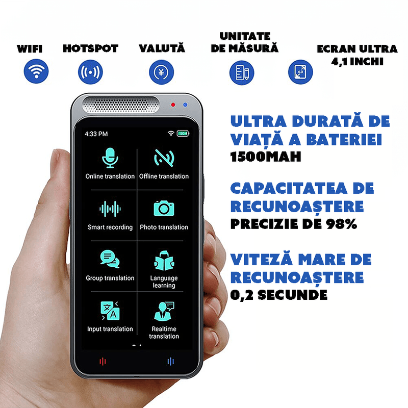 Laptop, Telefoane si Tablete - Wearables si gadgeturi - Gadgeturi - Accesorii SMART - Traducator AI CYBERDUST, 138 Limbi si accente Online, 17 Limbi offline, Bidirectionala, Voce si fotografii - Infinity.ro