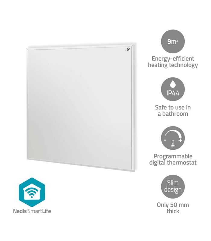 Panou radiant cu infrarosu Nedis WiFi 350W termostat telecomanda IP44 alb 598x620x240mm HTIP350WTW