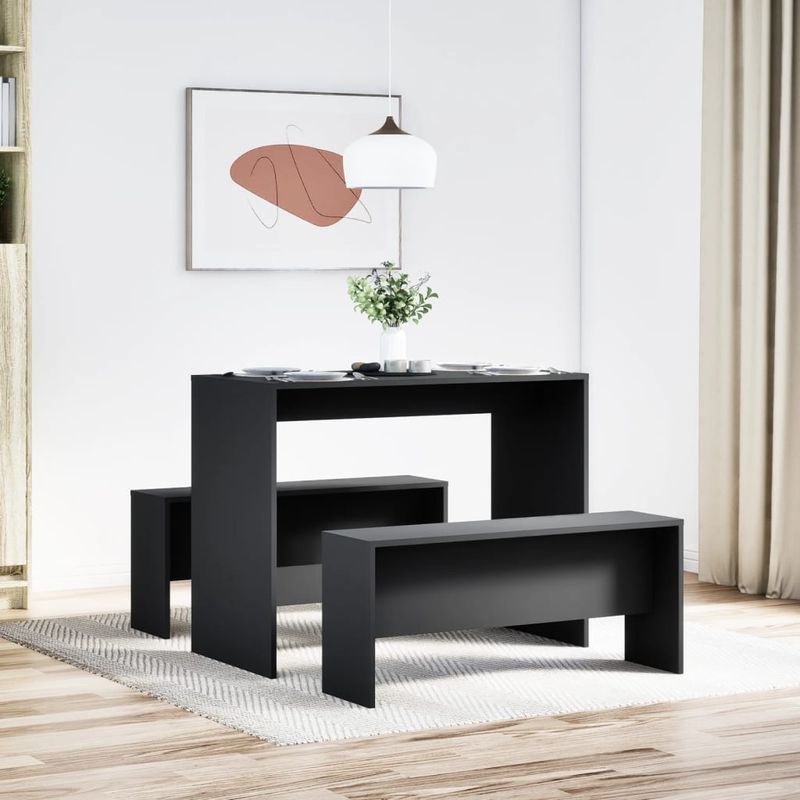 Casa si Gradina - Mobilier - Seturi de mobilier - Seturi mese si scaune - Set masa si banci de bucatarie, 3 piese, negru, lemn prelucrat - Infinity.ro
