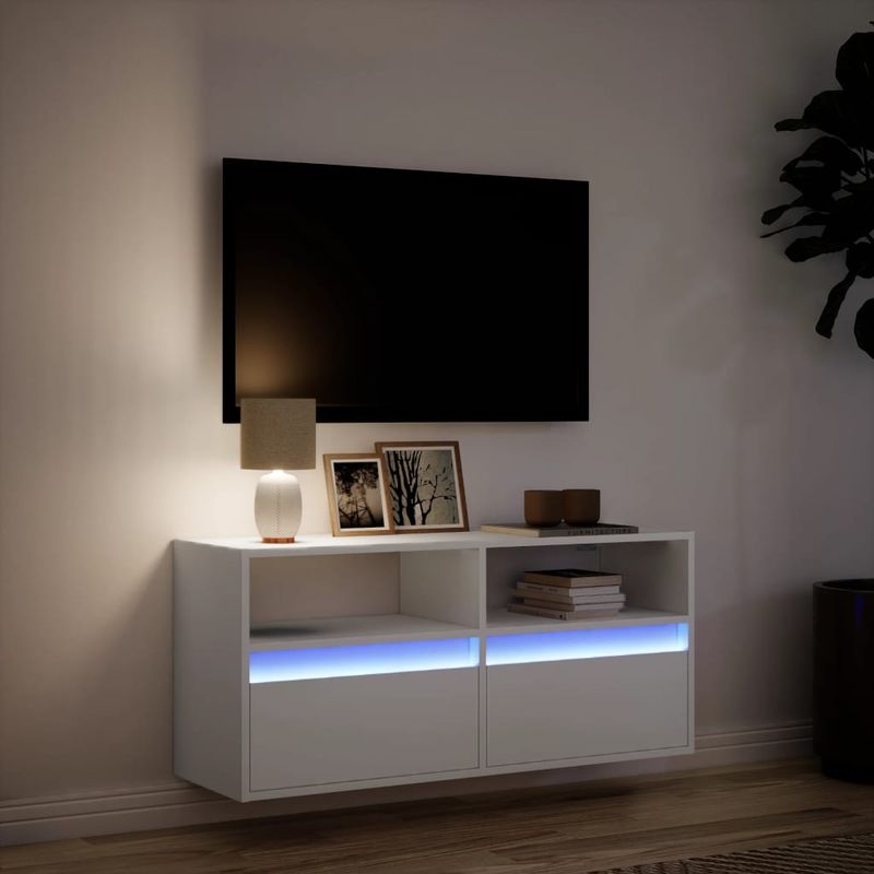 Casa si Gradina - Mobilier - Comode si corpuri - Comode - Comoda TV de perete cu lumini LED, alb, 100x31x45 cm - Infinity.ro