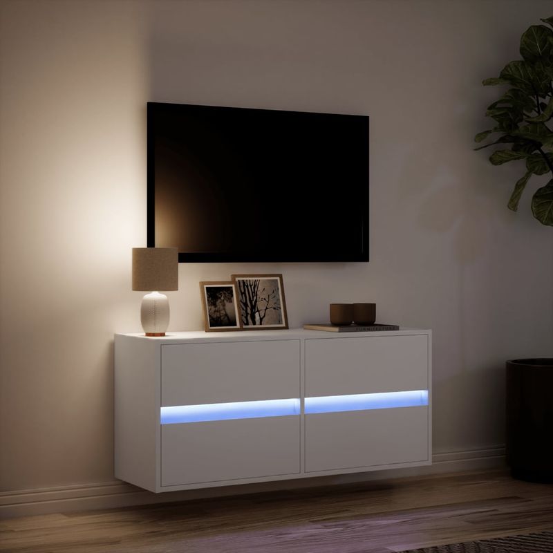 Casa si Gradina - Mobilier - Comode si corpuri - Comode - Comoda TV de perete cu lumini LED, alb, 100x31x45 cm - Infinity.ro