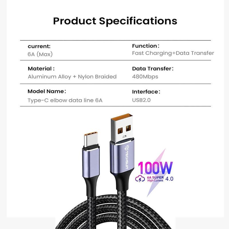 Laptop, Telefoane si Tablete - Telefoane mobile si accesorii - Accesorii Telefoane - Cabluri si adaptoare telefoane - Cablu de date USB to Type-C, Super Fast Charging, 100W, 480Mbps, 6A - Techsuit (PCB018) - Negru - Infinity.ro