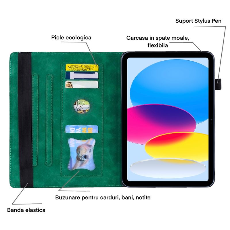 Laptop, Telefoane si Tablete - Tablete si accesorii tablete - Accesorii Tablete - Huse tablete - Husa pentru iPad Pro 12.9 inch (2018, 2020, 2021, 2022), Buzunar pentru notite si carduri, Piele ecologica, Verde - Infinity.ro