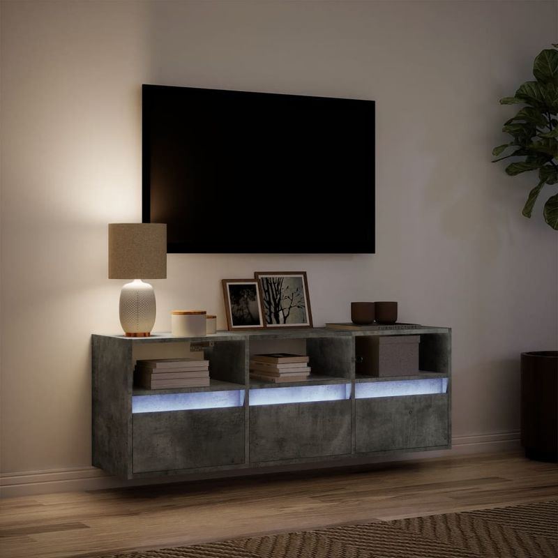 Casa si Gradina - Mobilier - Comode si corpuri - Comode - Comoda TV de perete cu lumini LED, gri beton, 130x31x45 cm - Infinity.ro