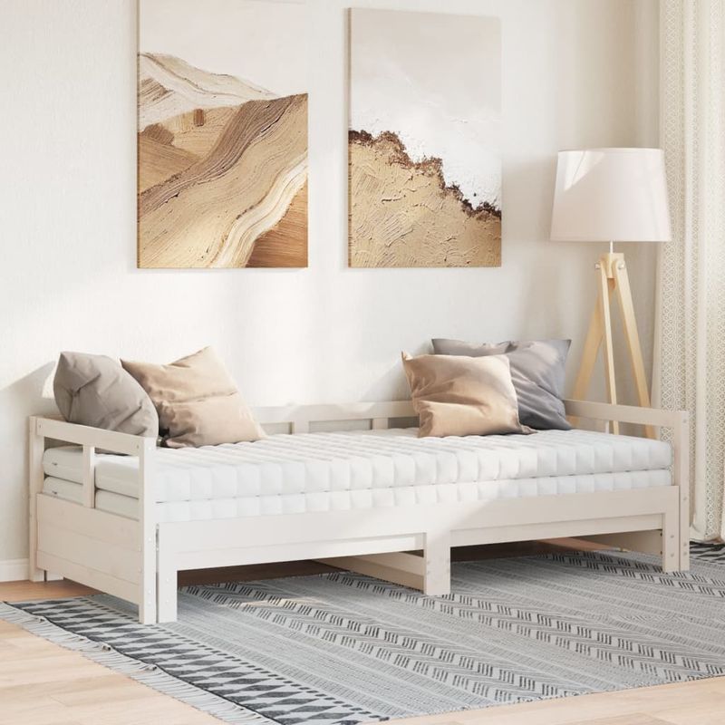 Casa si Gradina - Mobilier - Paturi si accesorii - Paturi - Pat zi cu extensie si saltele, alb, 80x200 cm, lemn masiv pin - Infinity.ro