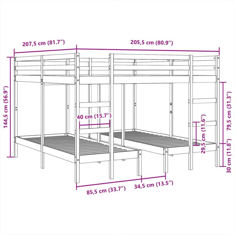 Casa si Gradina - Mobilier - Paturi si accesorii - Paturi - Pat supraetajat triplu, 200x200/80x200 cm lemn pin - Infinity.ro