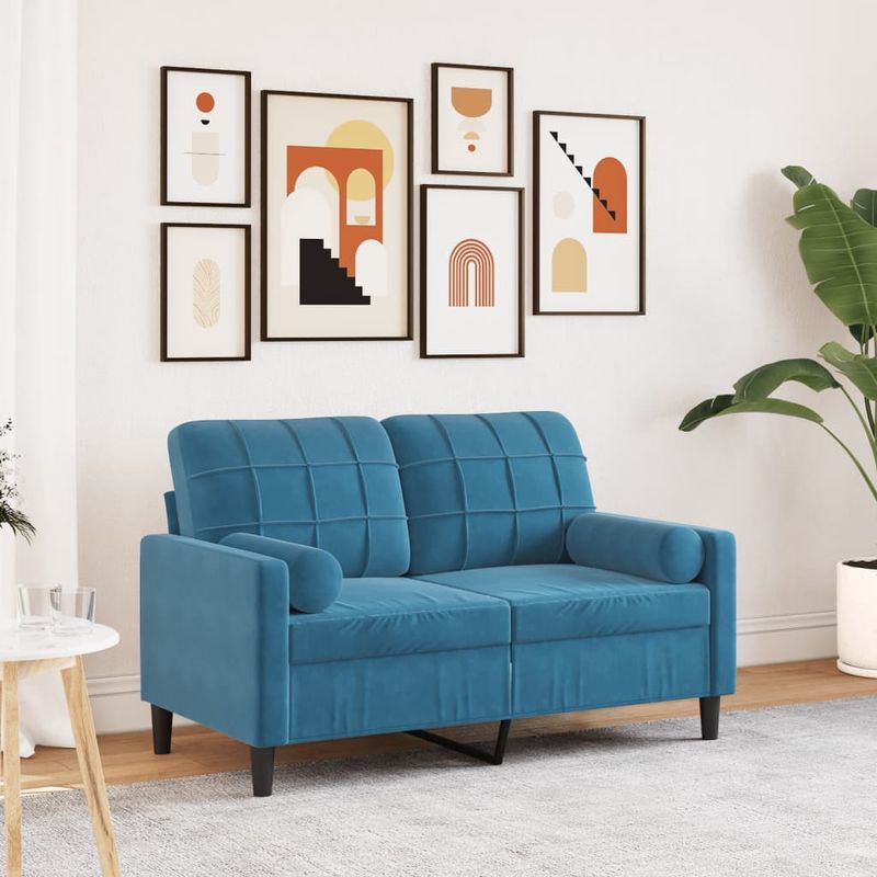 Casa si Gradina - Mobilier - Canapele si coltare - Canapele - Canapea cu 2 locuri cu pernute, albastru, 120 cm, catifea - Infinity.ro