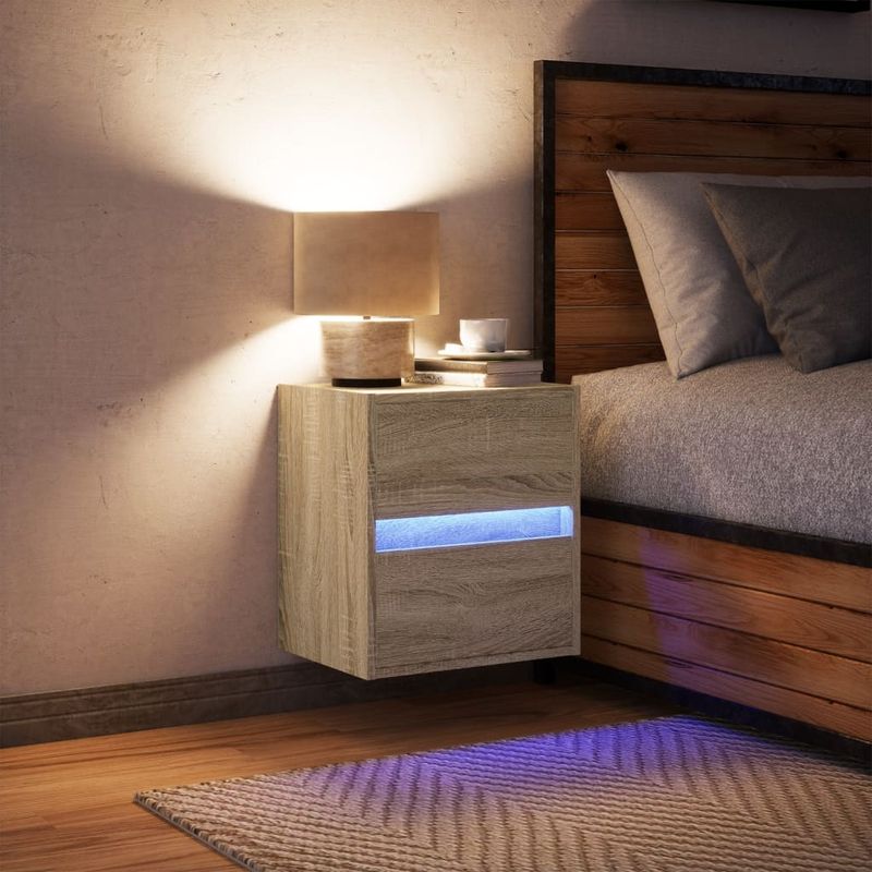 Casa si Gradina - Mobilier - Comode si corpuri - Noptiere - Noptiera montata pe perete cu lumini LED, stejar sonoma - Infinity.ro