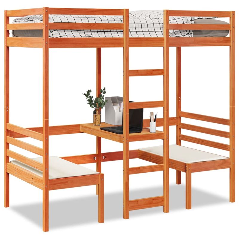 Casa si Gradina - Mobilier - Paturi si accesorii - Paturi - Cadru pat etajat birou/scaune, maro, 75x190 cm, lemn masiv pin - Infinity.ro