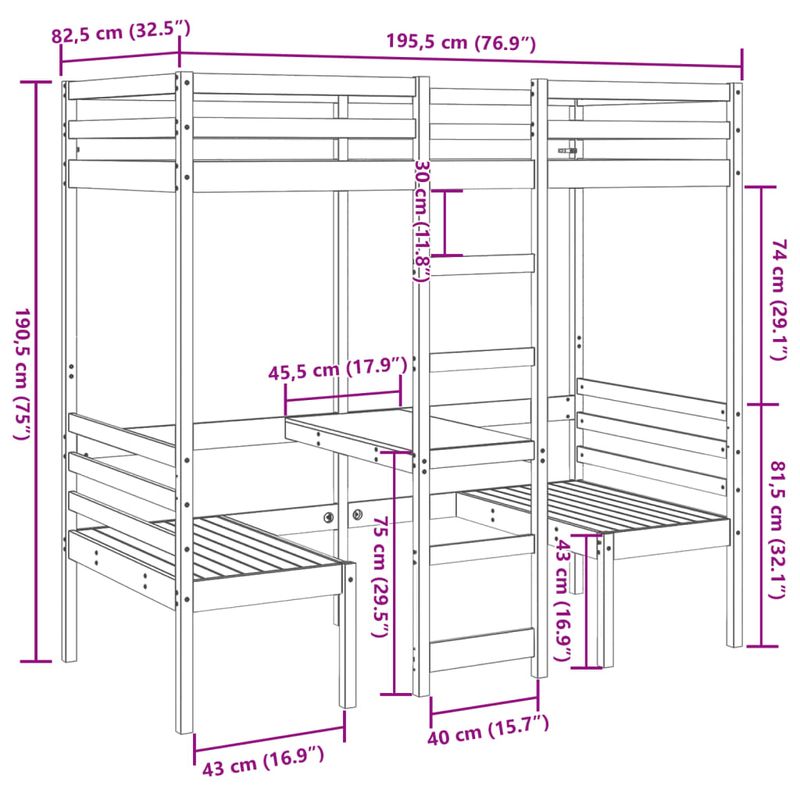 Casa si Gradina - Mobilier - Paturi si accesorii - Paturi - Cadru pat etajat birou/scaune, maro, 75x190 cm, lemn masiv pin - Infinity.ro