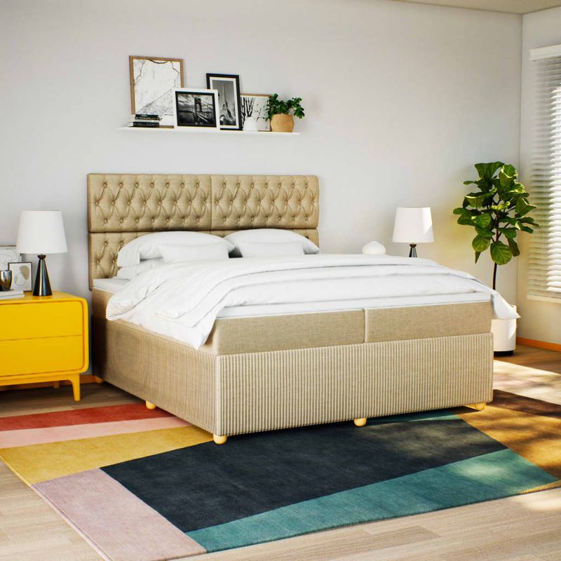 Casa si Gradina - Mobilier - Paturi si accesorii - Paturi - Pat box spring cu saltea, crem, 200x200 cm, textil - Infinity.ro