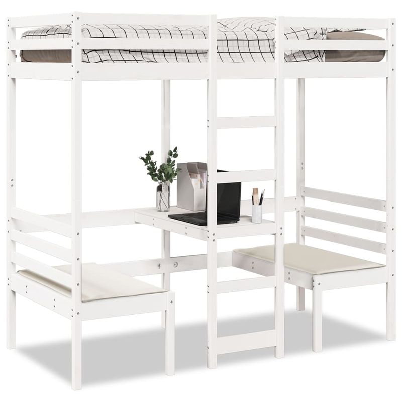 Casa si Gradina - Mobilier - Paturi si accesorii - Paturi - Cadru pat etajat, birou/scaune, alb, 75x190 cm, lemn masiv pin - Infinity.ro