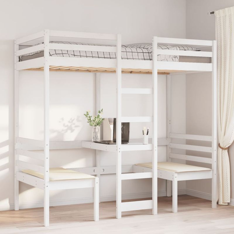 Casa si Gradina - Mobilier - Paturi si accesorii - Paturi - Cadru pat etajat, birou/scaune, alb, 75x190 cm, lemn masiv pin - Infinity.ro