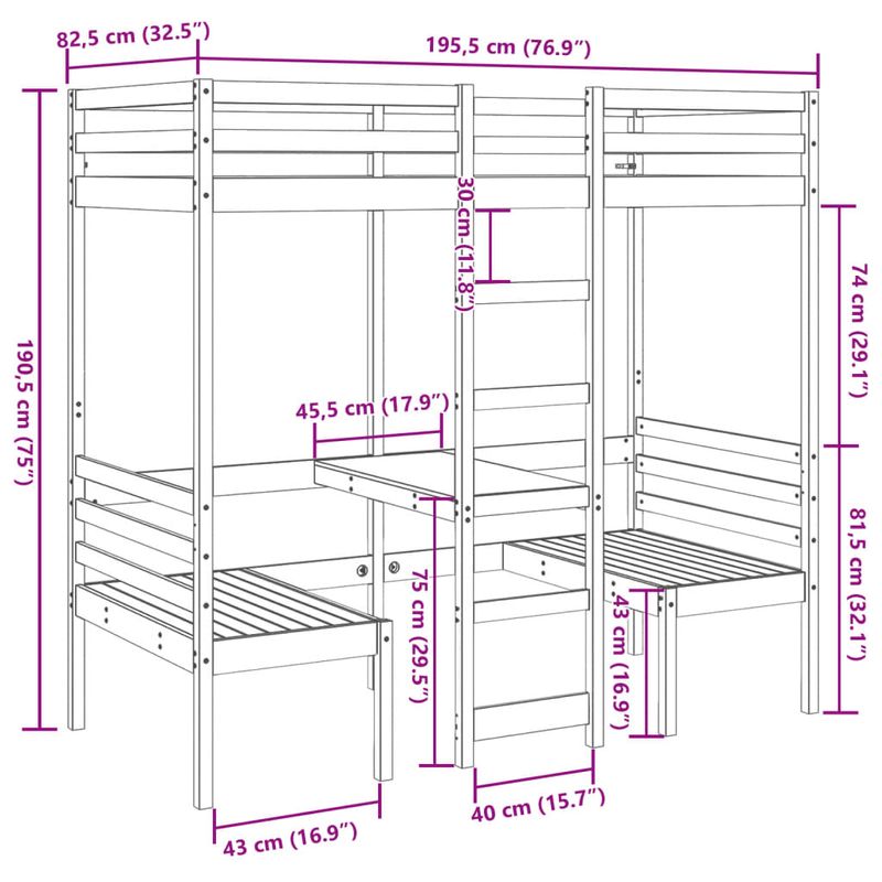 Casa si Gradina - Mobilier - Paturi si accesorii - Paturi - Cadru pat etajat, birou/scaune, alb, 75x190 cm, lemn masiv pin - Infinity.ro
