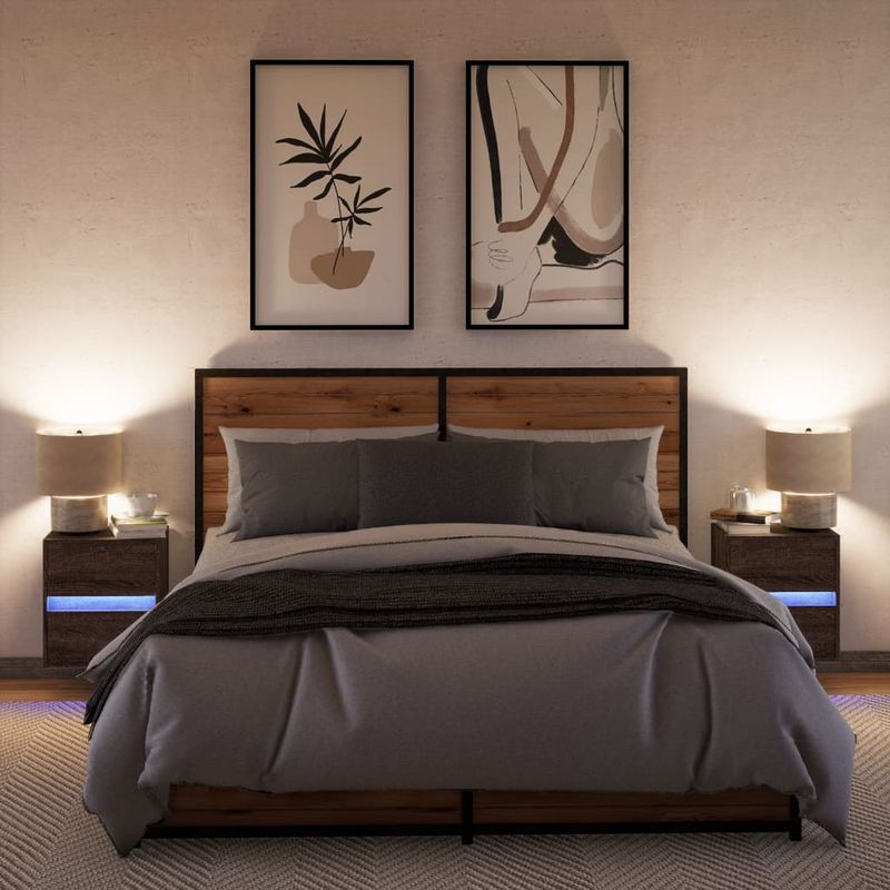Casa si Gradina - Mobilier - Comode si corpuri - Noptiere - Noptiere montate pe perete cu lumini LED, 2 buc., stejar maro - Infinity.ro