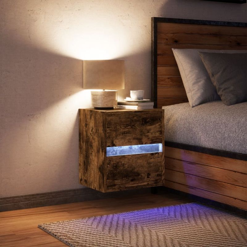 Casa si Gradina - Mobilier - Comode si corpuri - Noptiere - Noptiera montata pe perete cu lumini LED, stejar fumuriu - Infinity.ro