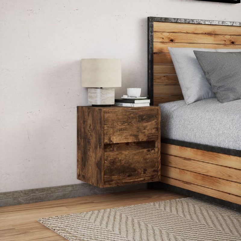 Casa si Gradina - Mobilier - Comode si corpuri - Noptiere - Noptiera montata pe perete cu lumini LED, stejar fumuriu - Infinity.ro