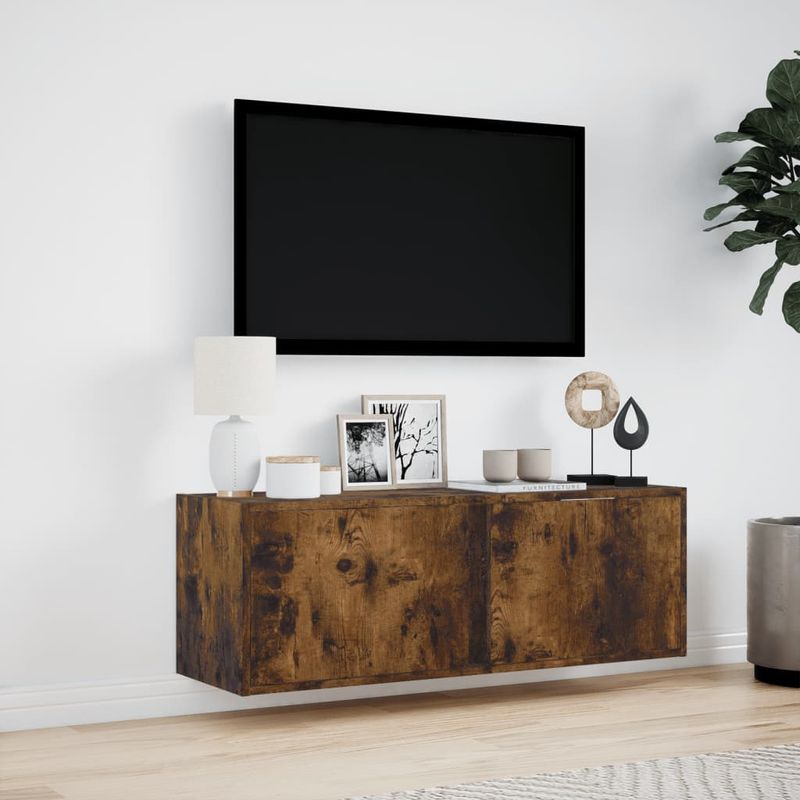 Casa si Gradina - Mobilier - Comode si corpuri - Comode - Dulap TV de perete cu lumini LED, stejar fumuriu, 100x31x35 cm - Infinity.ro