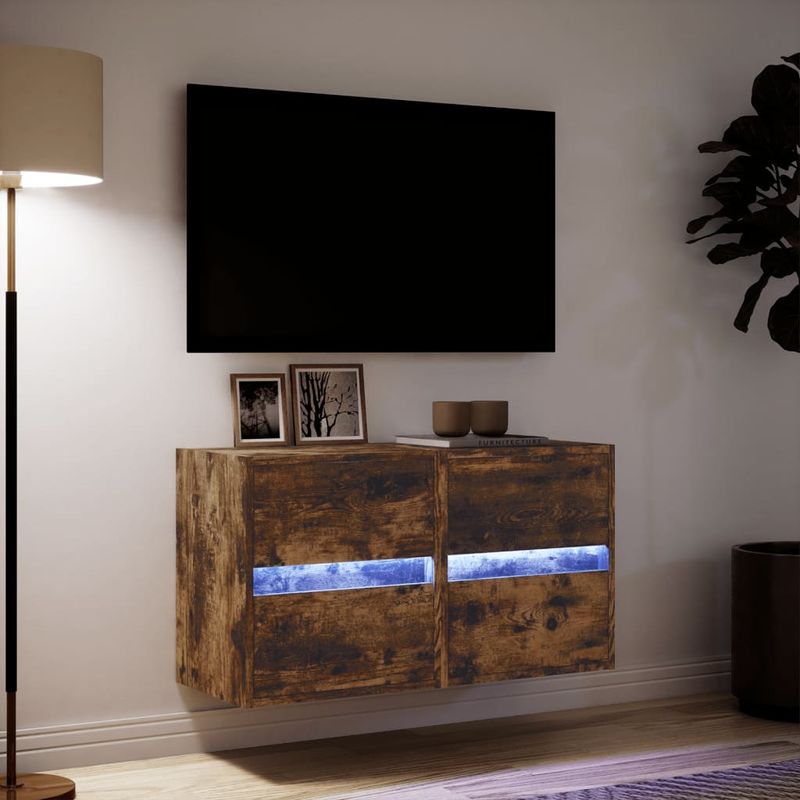Casa si Gradina - Mobilier - Comode si corpuri - Comode - Comoda TV de perete cu LED, 2 buc. stejar fumuriu, 41x31x45 cm - Infinity.ro