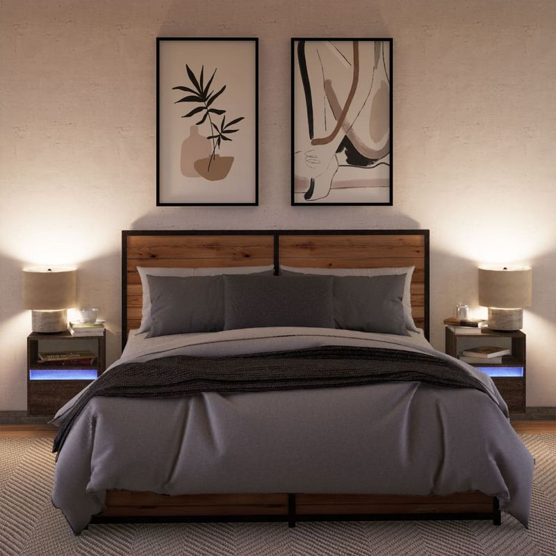 Casa si Gradina - Mobilier - Comode si corpuri - Noptiere - Noptiere montate pe perete cu lumini LED, 2 buc., stejar maro - Infinity.ro