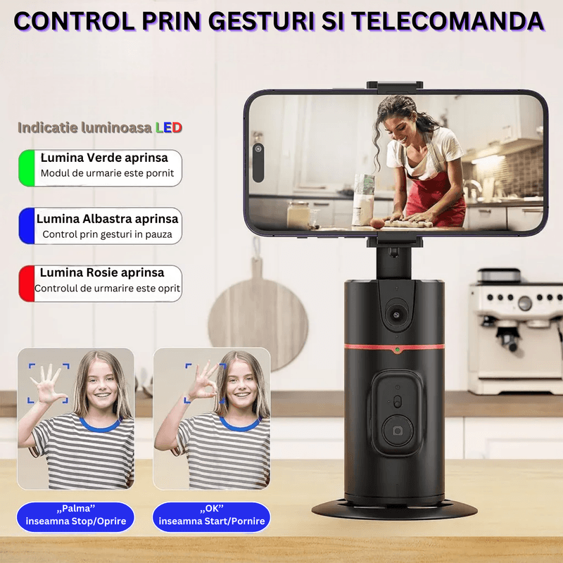 Laptop, Telefoane si Tablete - Telefoane mobile si accesorii - Accesorii Telefoane - Suport si docking telefoane - Suport de Telefon Inteligent, Urmarire Faciala, SELERIS®, Gesturi, 360°, Telecomanda bluetooth, Fara App, USB-C, 1200mAh - Infinity.ro