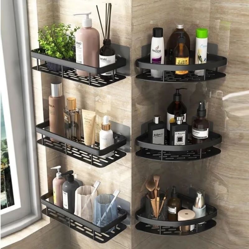 Casa si Gradina - Sanitare - Suporturi si accesorii baie - Suporturi baie - Etajera pentru baie si dus, set 2 rafturi din aluminiu, pentru depozitare, 32 x 15 x 6 cm, Negru - Infinity.ro