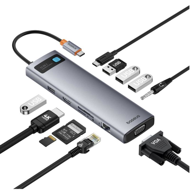 PC, gaming si accesorii - Retelistica - Hub-uri - Hub Type-C la HDMI 4K, VGA, 4xUSB, Type-C, RJ45, SD, TF, Jack 3.5mm - Baseus Metal Gleam (B00030709811-00) - Space Gri - Infinity.ro