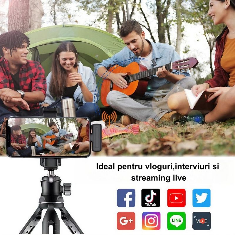 TV, Audio-Video si Foto - Audio profesionale - Microfoane profesionale - Set 2 Microfoane Lavaliera Wireless DolphinMC® , compatibil cu iPhone, Android, Ios, Reducere Zgomot, Vlogging - Infinity.ro