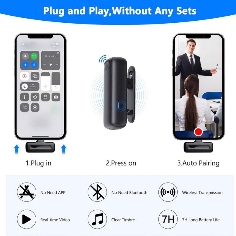 TV, Audio-Video si Foto - Audio profesionale - Microfoane profesionale - Set 2 Microfoane Lavaliera Wireless DolphinMC® , compatibil cu iPhone, Android, Ios, Reducere Zgomot, Vlogging - Infinity.ro