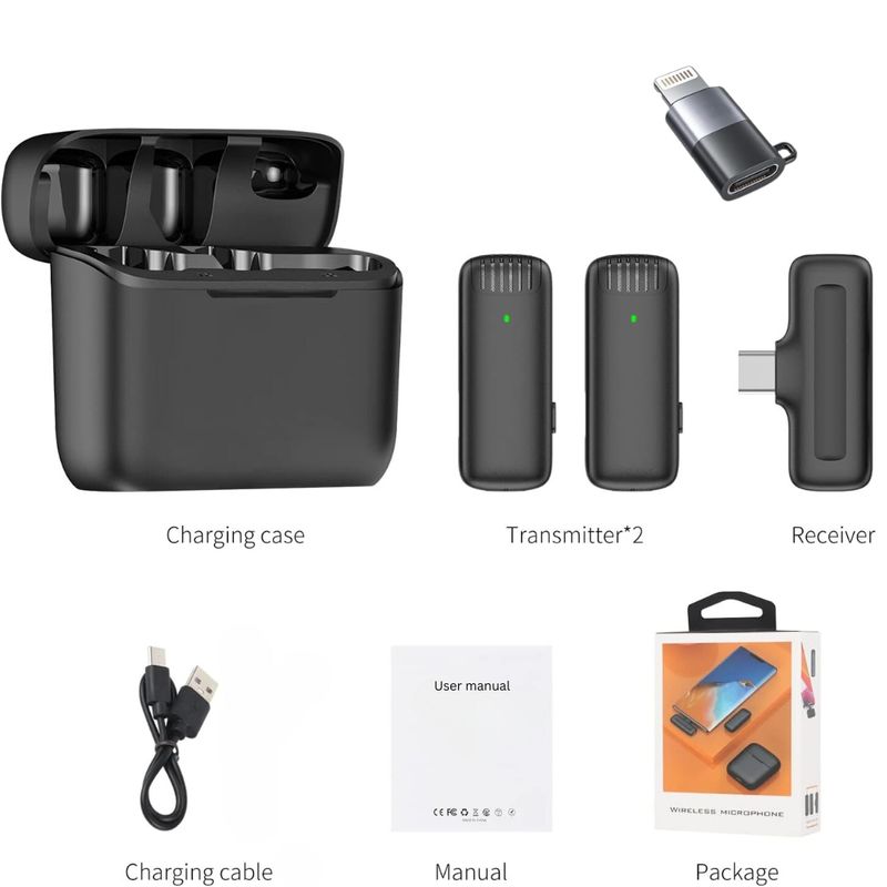 TV, Audio-Video si Foto - Audio profesionale - Microfoane profesionale - Set 2 Microfoane Lavaliera Wireless DolphinMC® , compatibil cu iPhone, Android, Ios, Reducere Zgomot, Vlogging - Infinity.ro