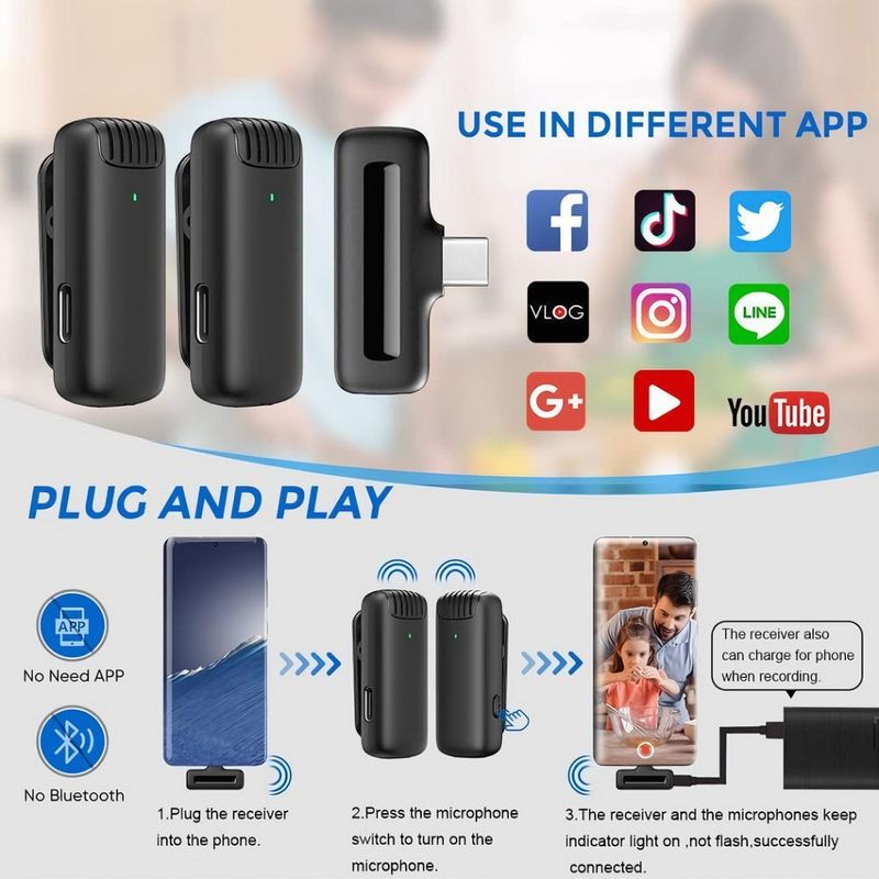 TV, Audio-Video si Foto - Audio profesionale - Microfoane profesionale - Set 2 Microfoane Lavaliera Wireless DolphinMC® , compatibil cu iPhone, Android, Ios, Reducere Zgomot, Vlogging - Infinity.ro