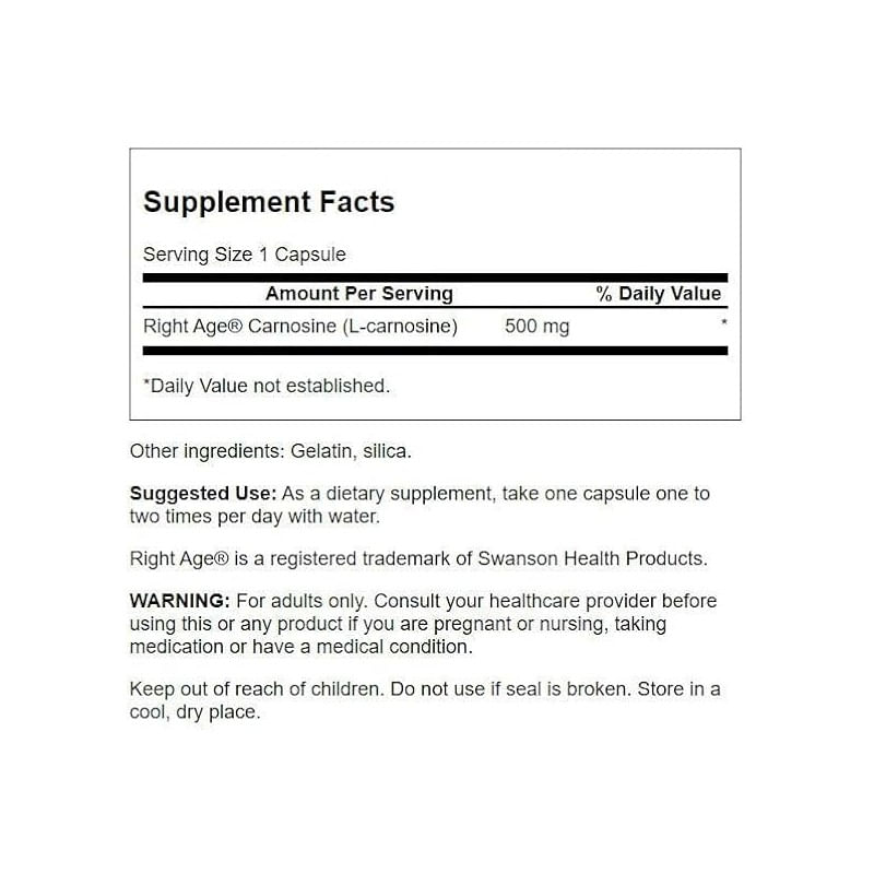 Ingrijire personala si Cosmetice - Sanatate si wellness - Suplimente alimentare - Vitamine si minerale - L-Carnosine (Carnozina) 500mg 60 Capsule Swanson - Infinity.ro