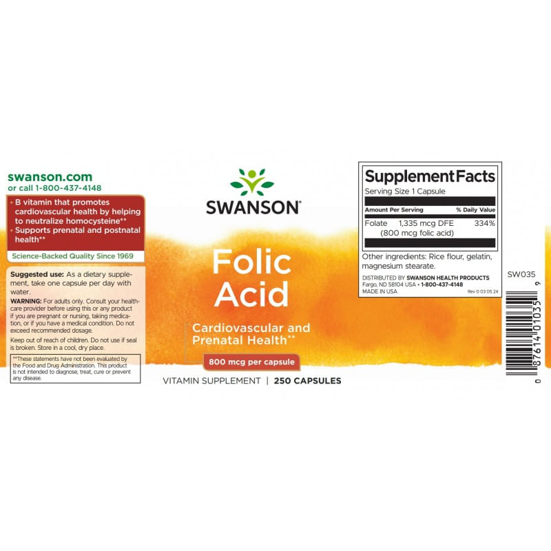 Ingrijire personala si Cosmetice - Sanatate si wellness - Suplimente alimentare - Vitamine si minerale - Folic Acid 800mcg 250 Capsule Swanson - Infinity.ro
