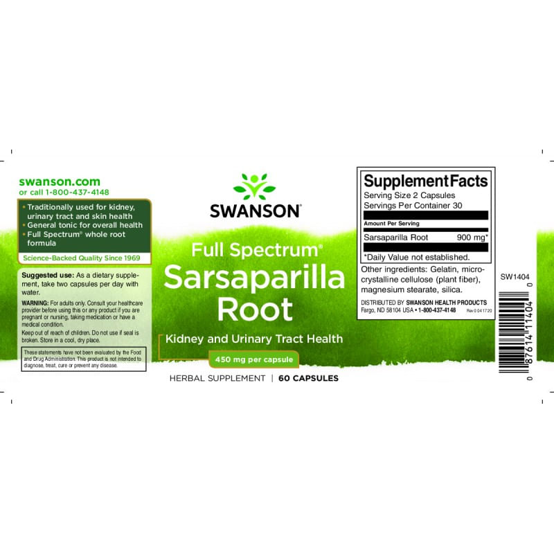 Ingrijire personala si Cosmetice - Sanatate si wellness - Suplimente alimentare - Vitamine si minerale - Full Spectrum Sarsaparilla Root 450mg 60 Capsule Swanson - Infinity.ro